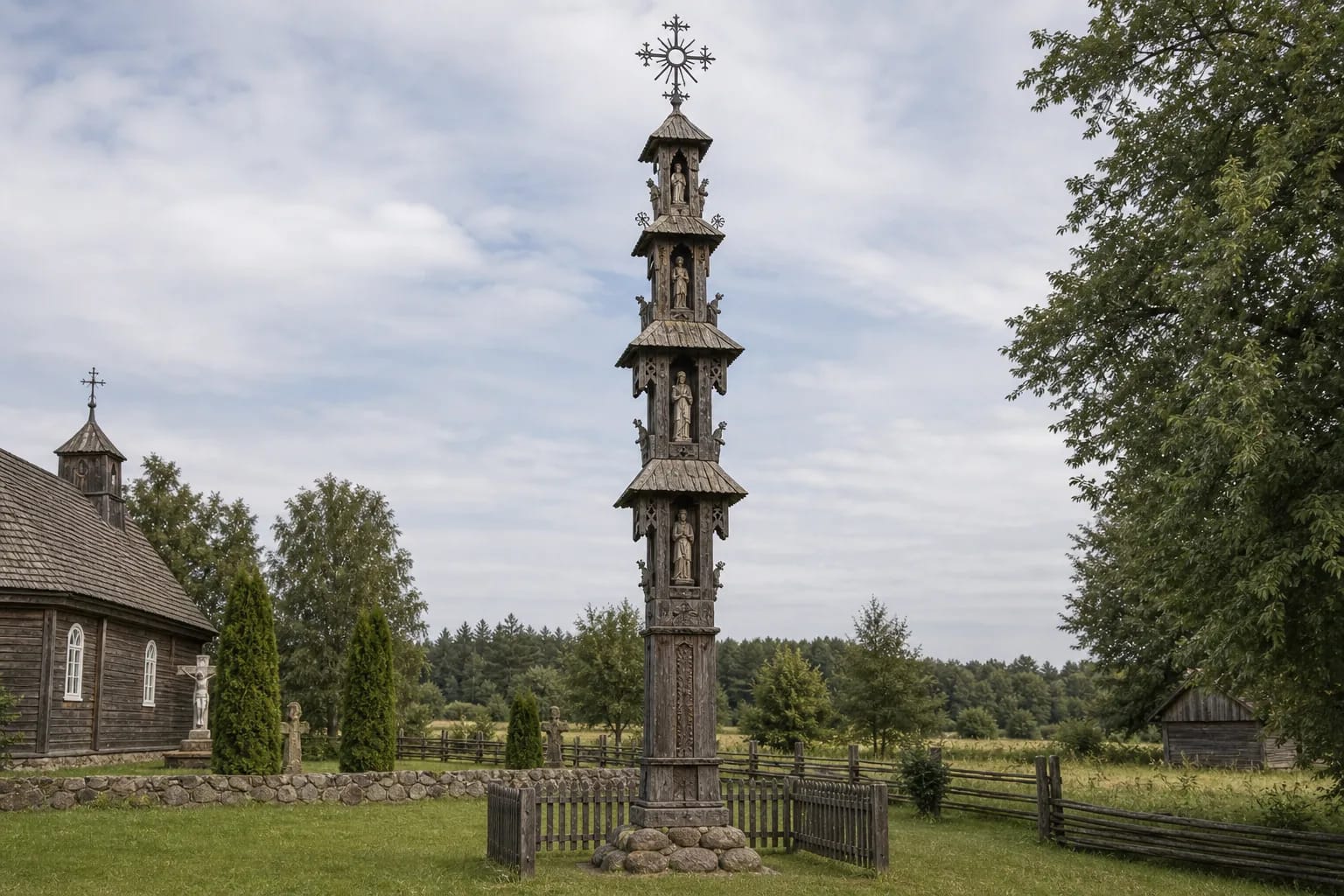 A multi-tier Aukštaitija stogastulpis emphasizes the form’s verticality.