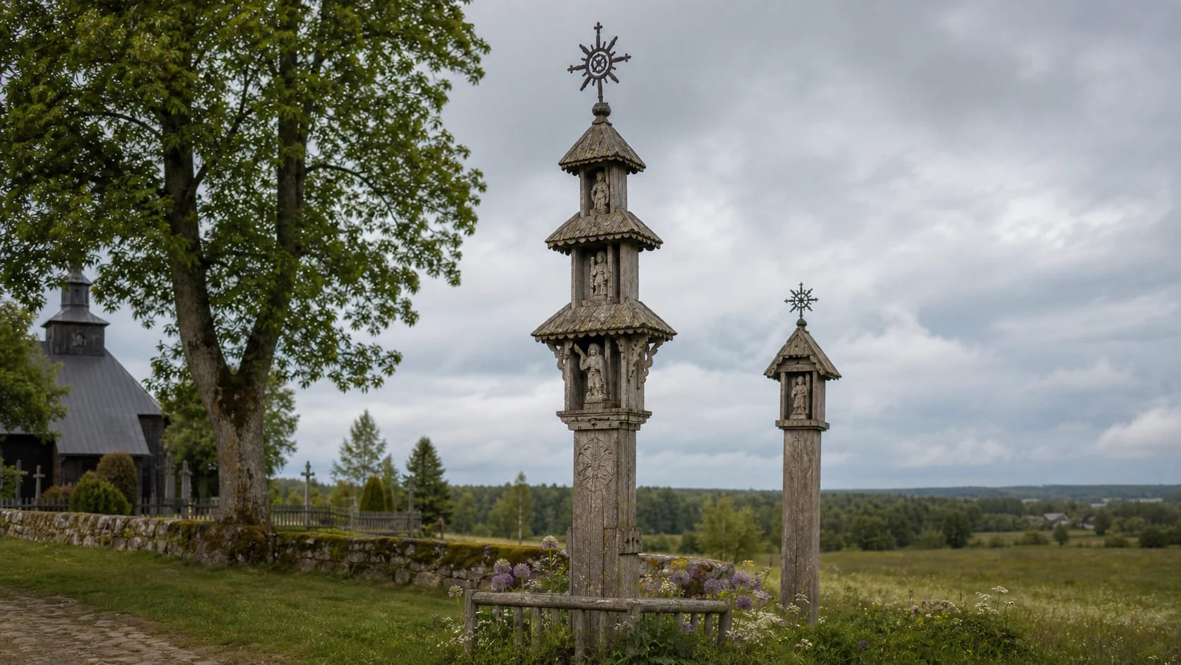 A Lithuanian wooden roofed pillar shrine with carved figures and a forged sunburst top