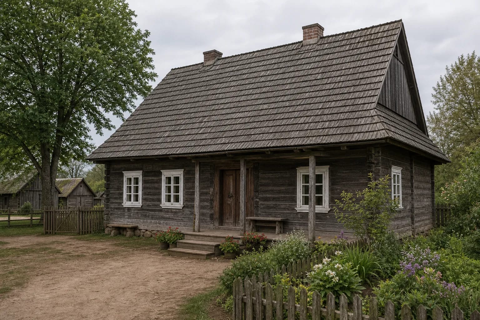 The stuba facade and yard order help identify a western Lithuanian dwelling.