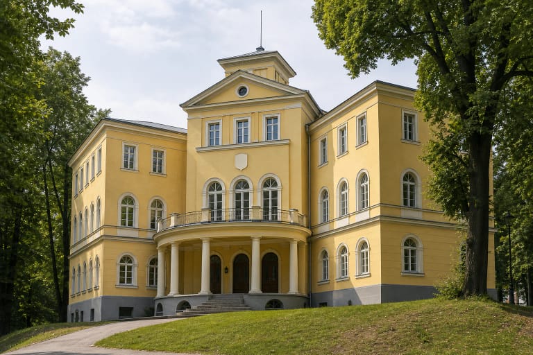 Studentų korporacijos „Neo-Lithuania“ rūmų geltonas istoristinis fasadas su kolonuota terasa, balkonu, frontonu ir medžiais Parodos kalne