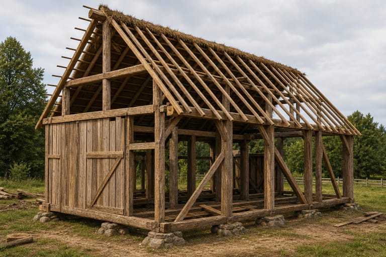 Diagram of post and frame construction with wooden šulai, pėdžios, board and brushwood infill, and a farm building