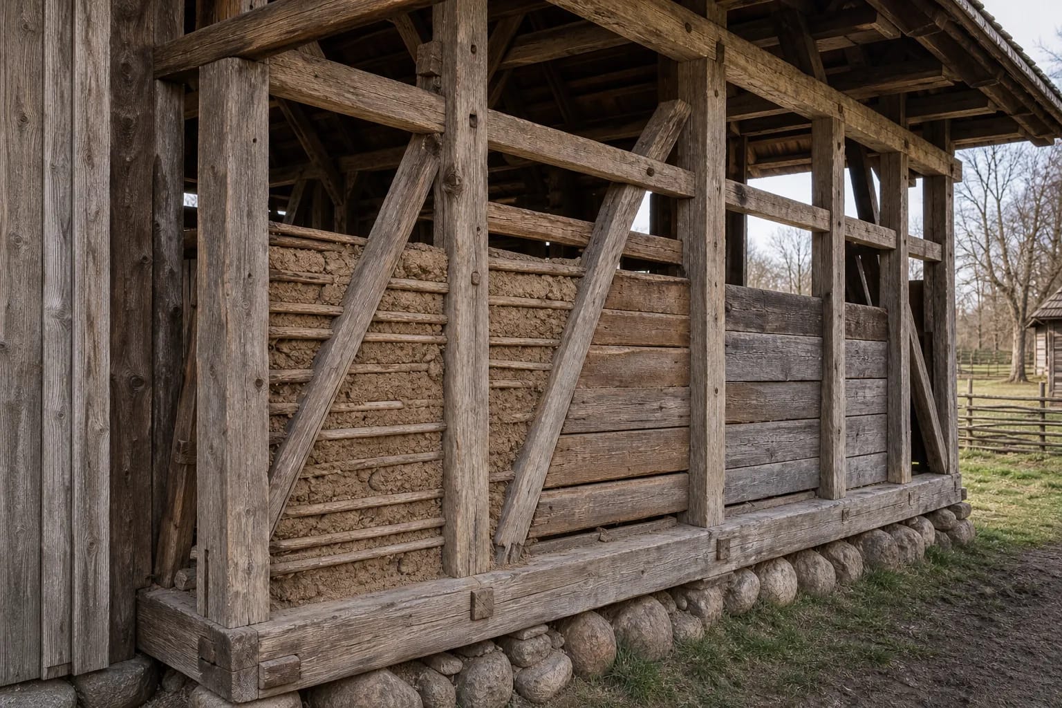 Post-and-frame building relies on a clear rhythm of posts, beams, and infill.