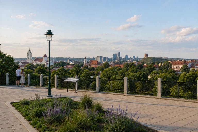 Subačiaus apžvalgos aikštelės grįsta terasa, želdiniai ir metalinis turėklas priešais Vilniaus senamiesčio panoramą