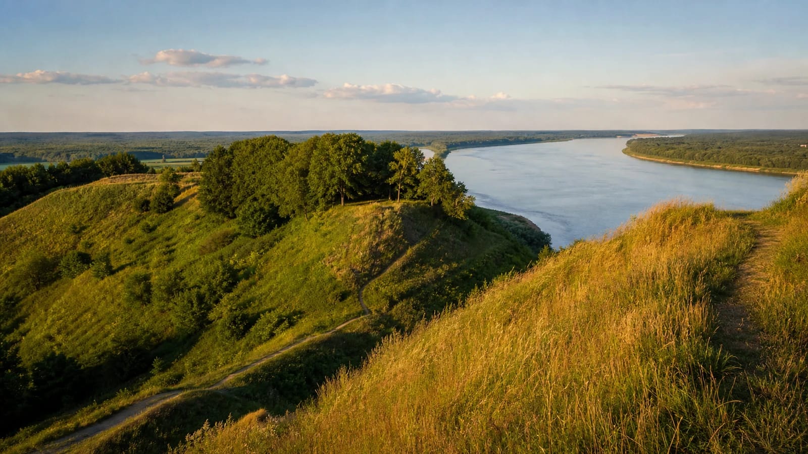 Зелёные склоны комплекса городищ Сударгаса и панорама Немана с левого берега
