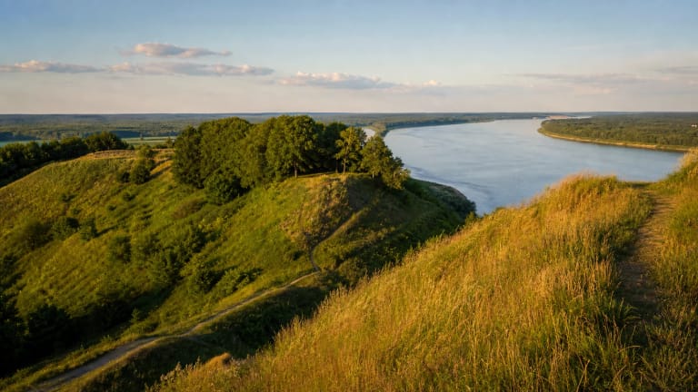 Sudargo piliakalnių komplekso žali šlaitai ir Nemuno panorama nuo kairiojo kranto