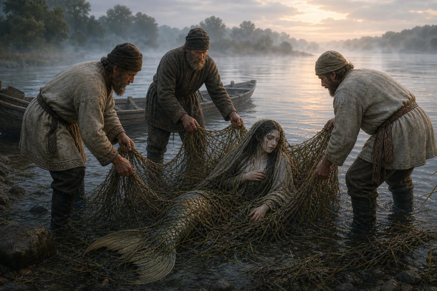By the Nemunas fishermen hold a net with a beautiful water being with yellow hair and a fish tail