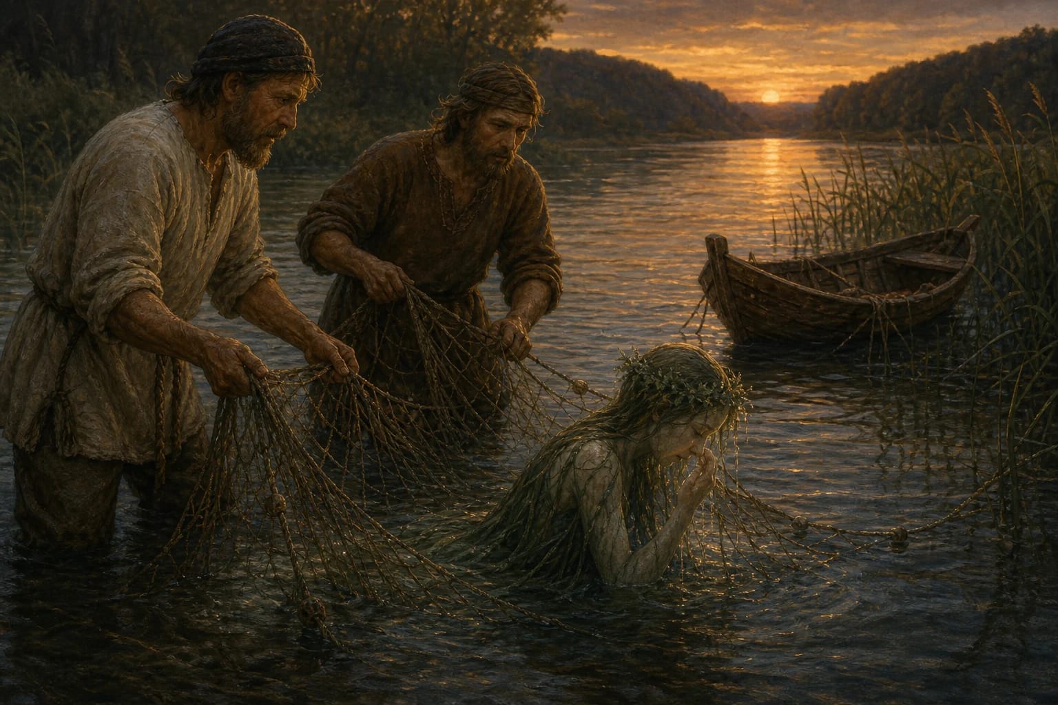 The Captured Undine visual interpretation with Nemunas, fishermen, water being motifs