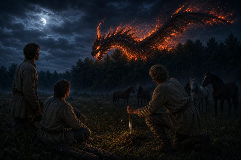 Young men pasturing horses at night watch a black fiery Aitvaras descend above alder trees
