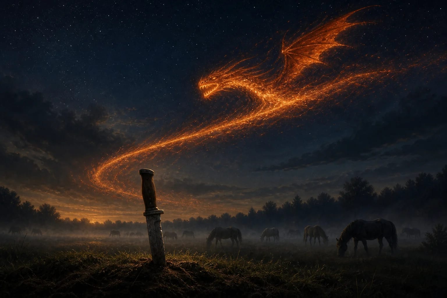 The Caught Aitvaras visual interpretation with Aitvaras in the sky, night horse pasturing, knife in the earth motifs