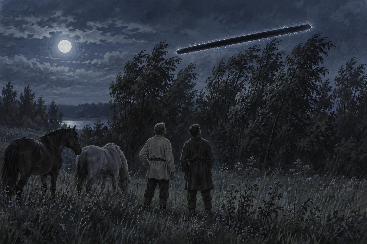 An illustration of the legend: horse herders and horses beside alders, with a black pole-shaped being glittering at its edges above the trees.