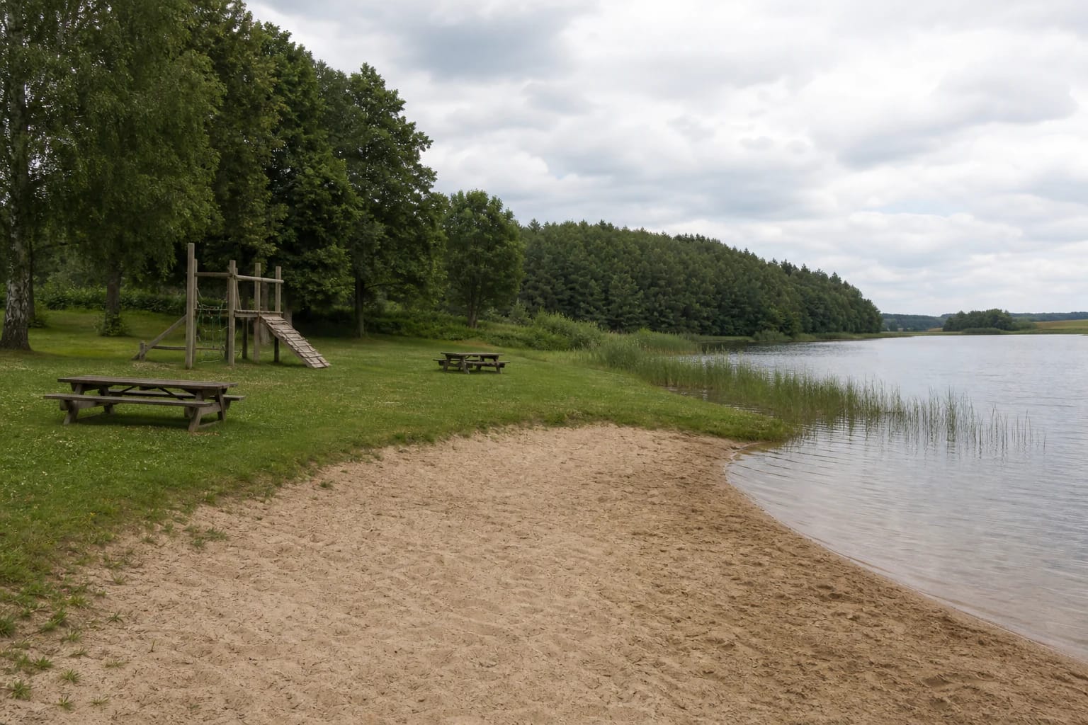 Sujainių tvenkinio paplūdimys su smėlio ruožu, žaidimų zona, žole ir ramia medžiais apaugusia pakrante