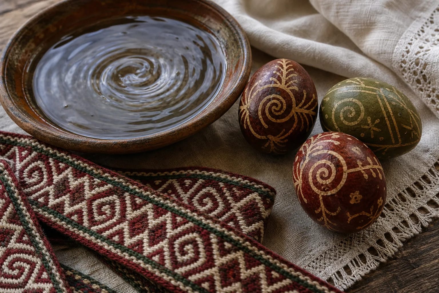 Whirling motifs on decorated eggs and sash beside a bowl of water.