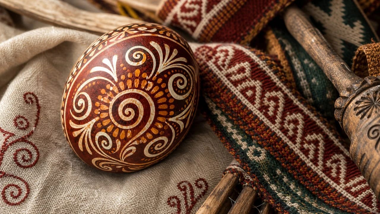 Little whirl in Lithuanian ornament as a turning pattern on an Easter egg and sash
