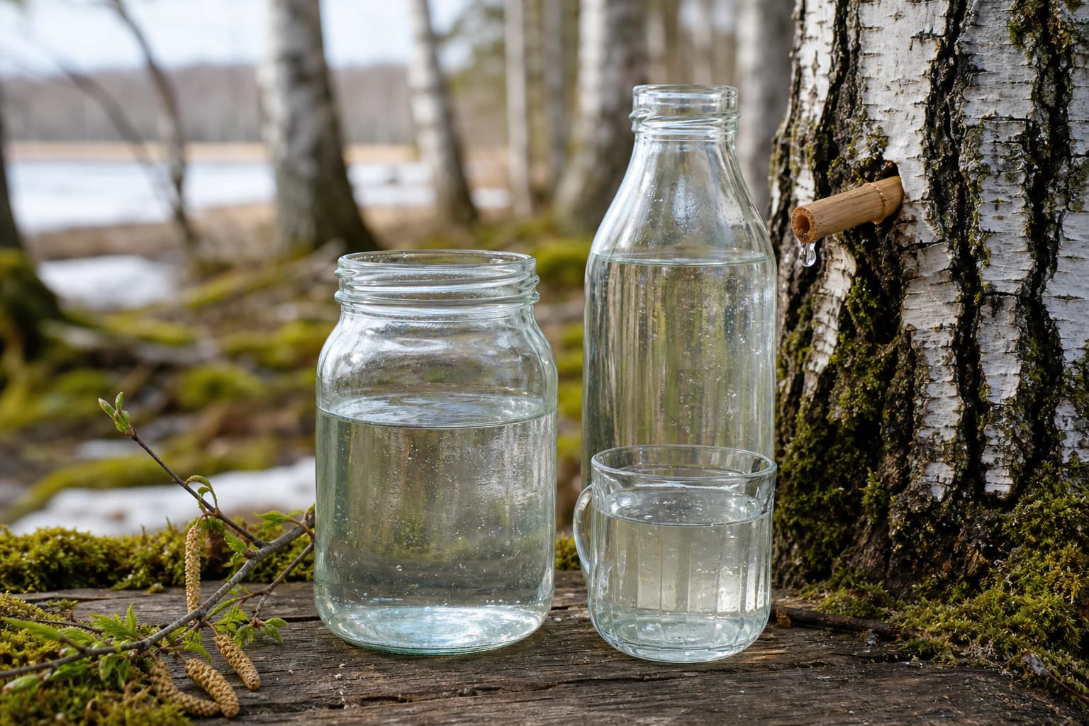 A spring birch tree with a wooden spout, clear sula in a jar, and green forest moss