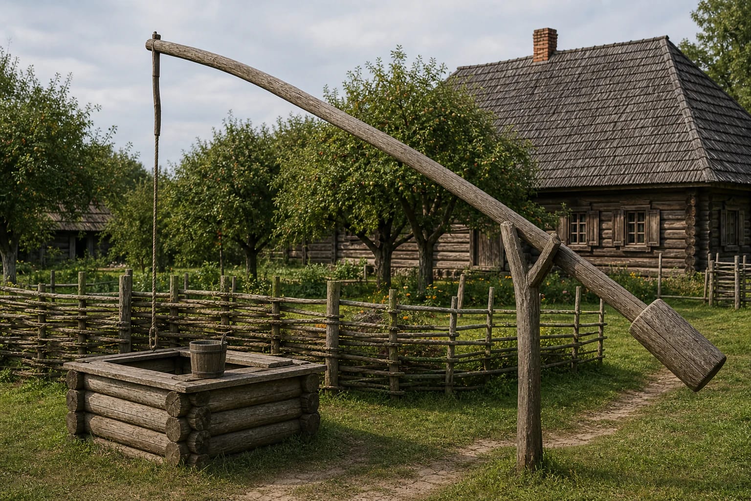 Traditional homestead well with a wooden rentinys lining, sweep, bucket, small roof, and wooden-house yard