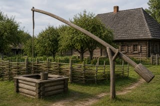 Traditional homestead well with a wooden rentinys lining, sweep, bucket, small roof, and wooden-house yard