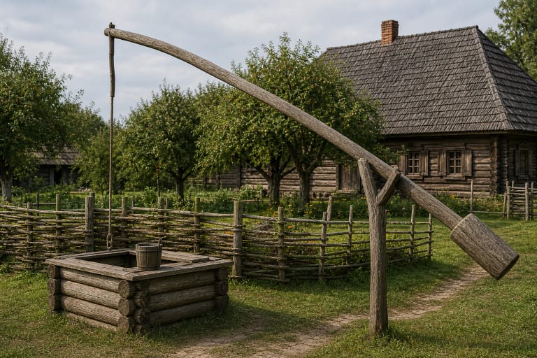 Traditional homestead well with a wooden rentinys lining, sweep, bucket, small roof, and wooden-house yard