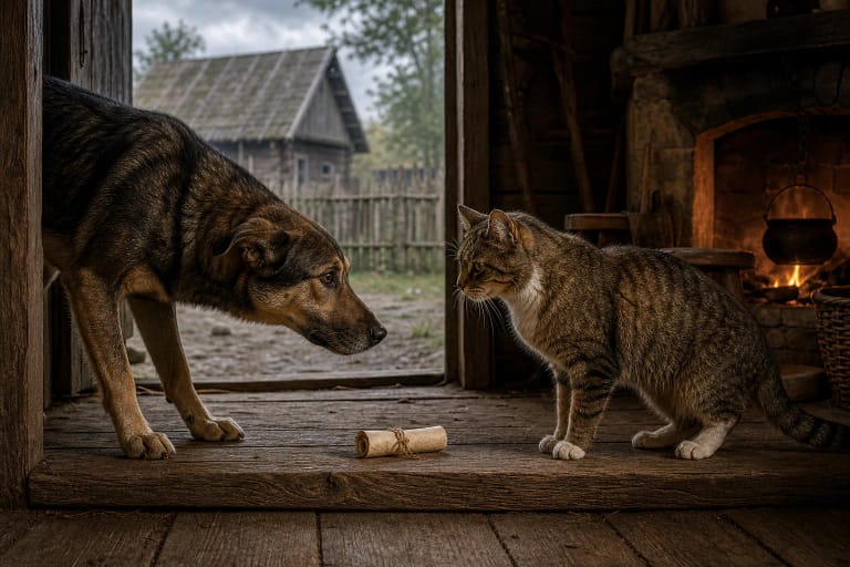 In an old Lithuanian cottage a dog and cat stare at each other by the threshold with an old rolled document between them