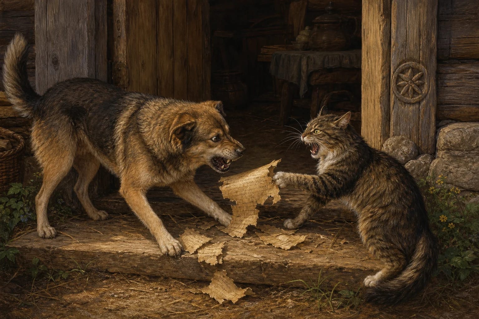 Why Dogs and Cats Quarrel visual interpretation with dog and cat, household animal quarrel, lost document motifs