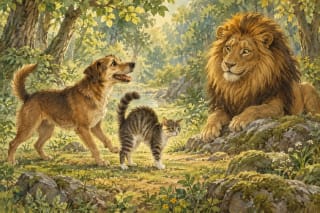 An illustration of the legend: a dog presents an arched-back cat to a lion, having mistaken it for a camel.