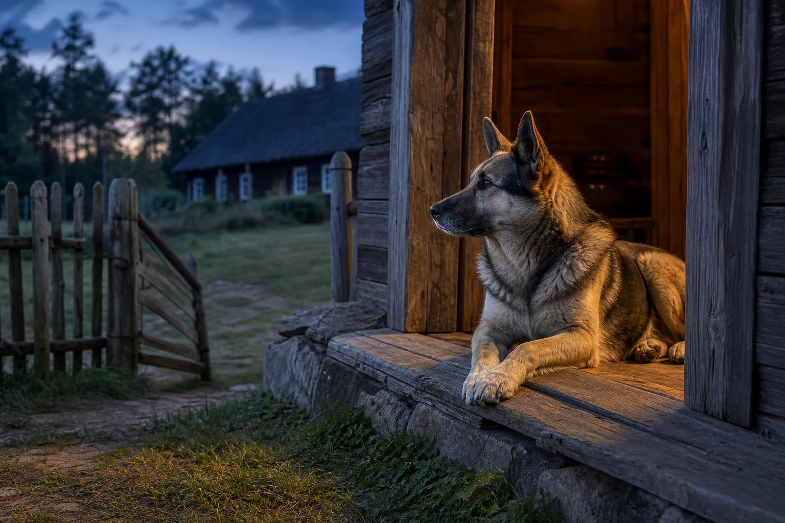 Dog lying alert beside a wooden homestead threshold at dusk.