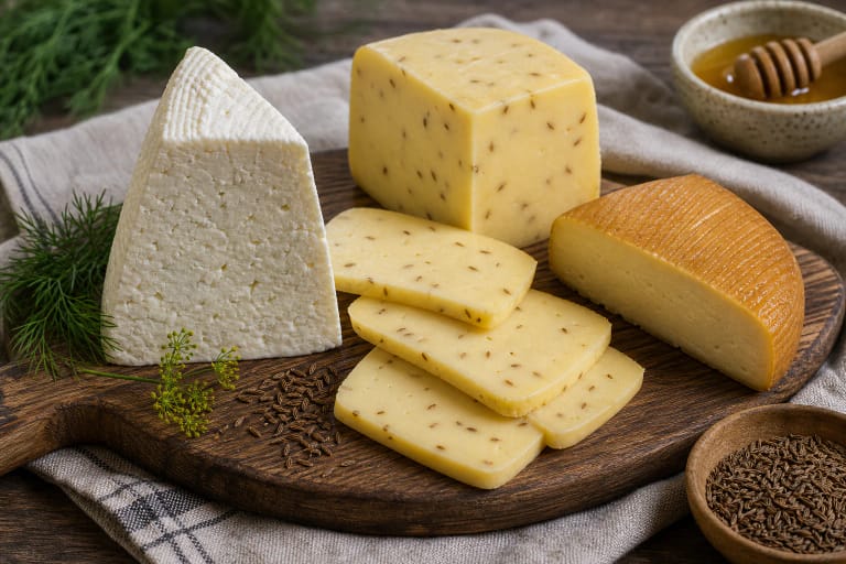 Lithuanian curd cheese with caraway seeds on linen, with honey, a knife, and a milk jug nearby
