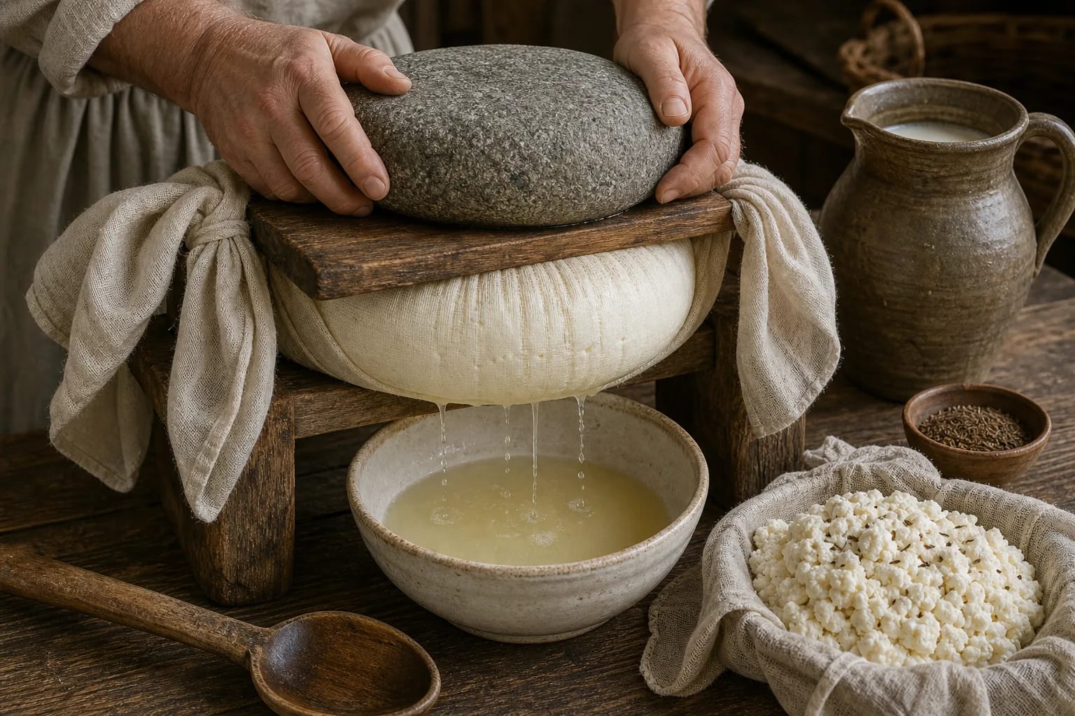 Curd is pressed in a cheese cloth while whey drains below.