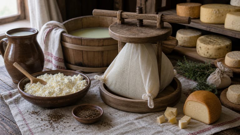 Lithuanian curd cheese in a cloth cheese bag with whey, caraway seeds, and fresh milk