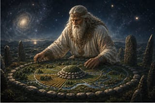 Sutvaras in Lithuanian mythology near a herd of cattle in a field
