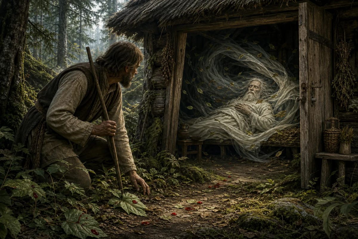 A farmer by a barn follows drops of blood into a forest, where an old wounded wind lies in a cottage