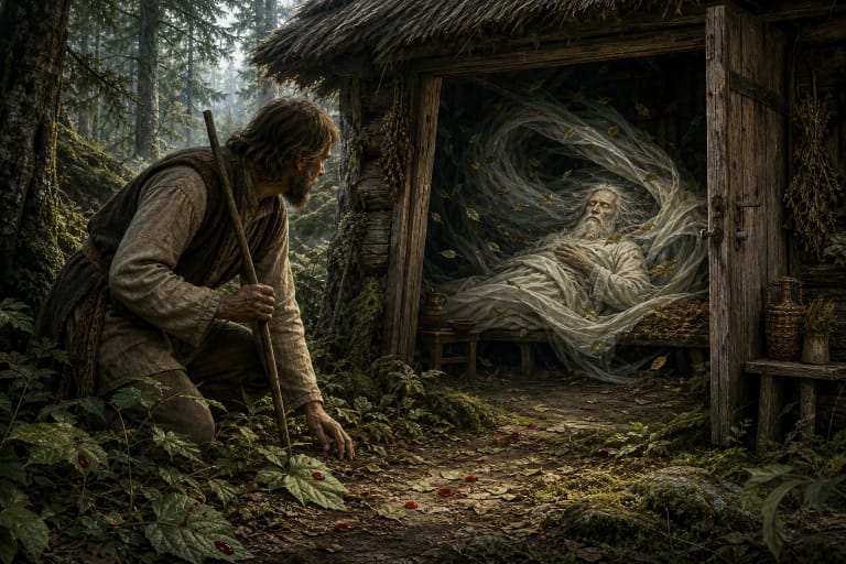 A farmer by a barn follows drops of blood into a forest, where an old wounded wind lies in a cottage