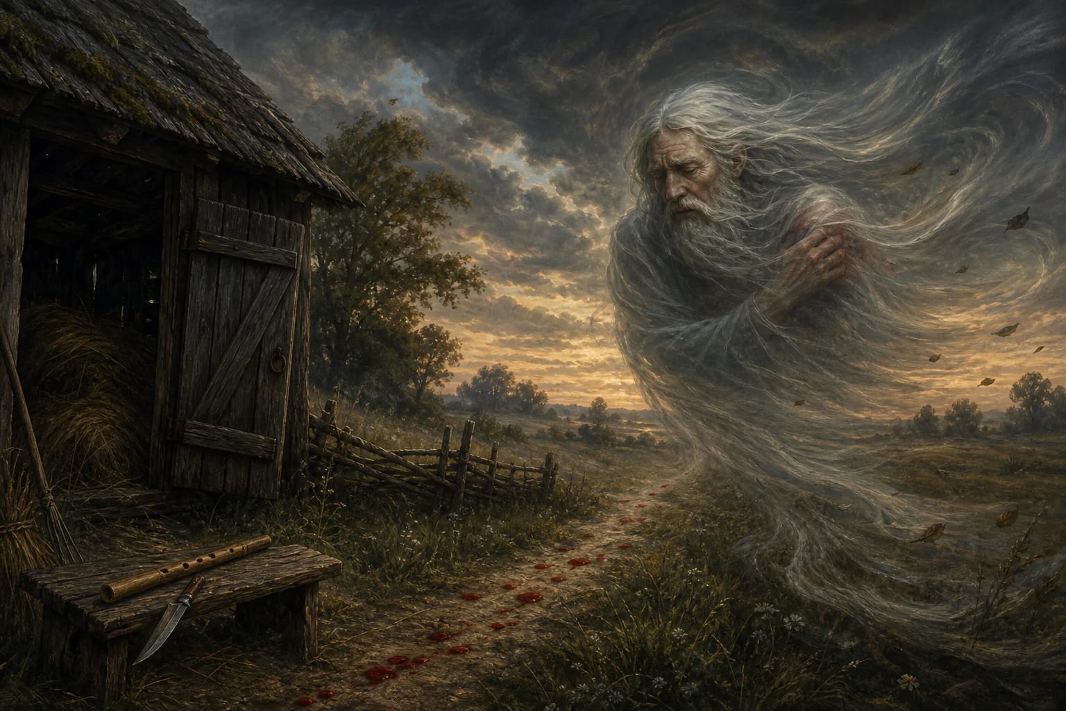 The Wounded Wind visual interpretation with wounded element, wind as an old man, knife motifs