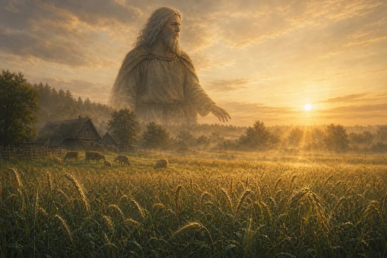 Svaikstikas, Prussian god of light, spreading golden light over grain fields