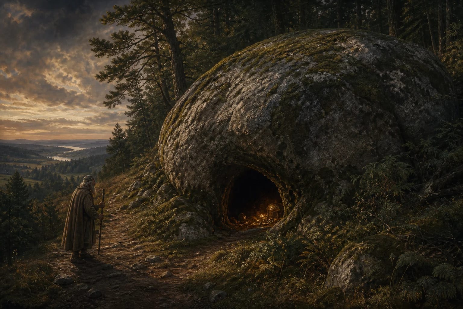Legend of Švendubrė Devil's Stone visual interpretation with devil, dropped stone, underground city motifs