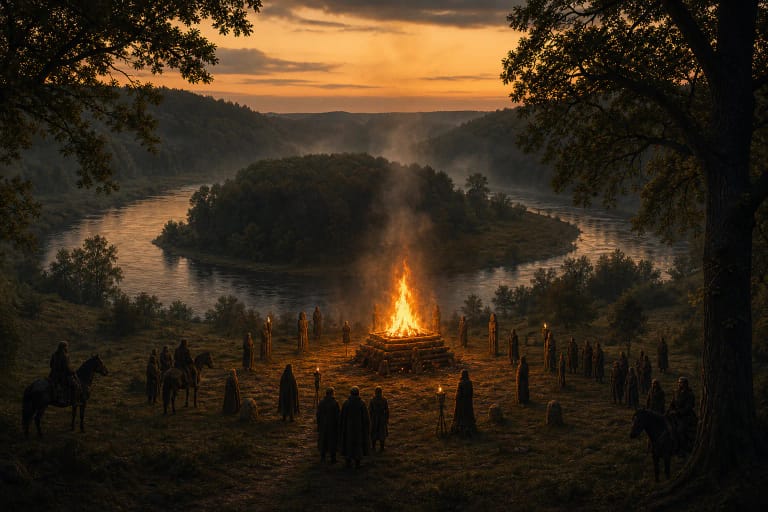 The legend of Šventaragis Valley with ritual fire at the confluence of Vilnius rivers