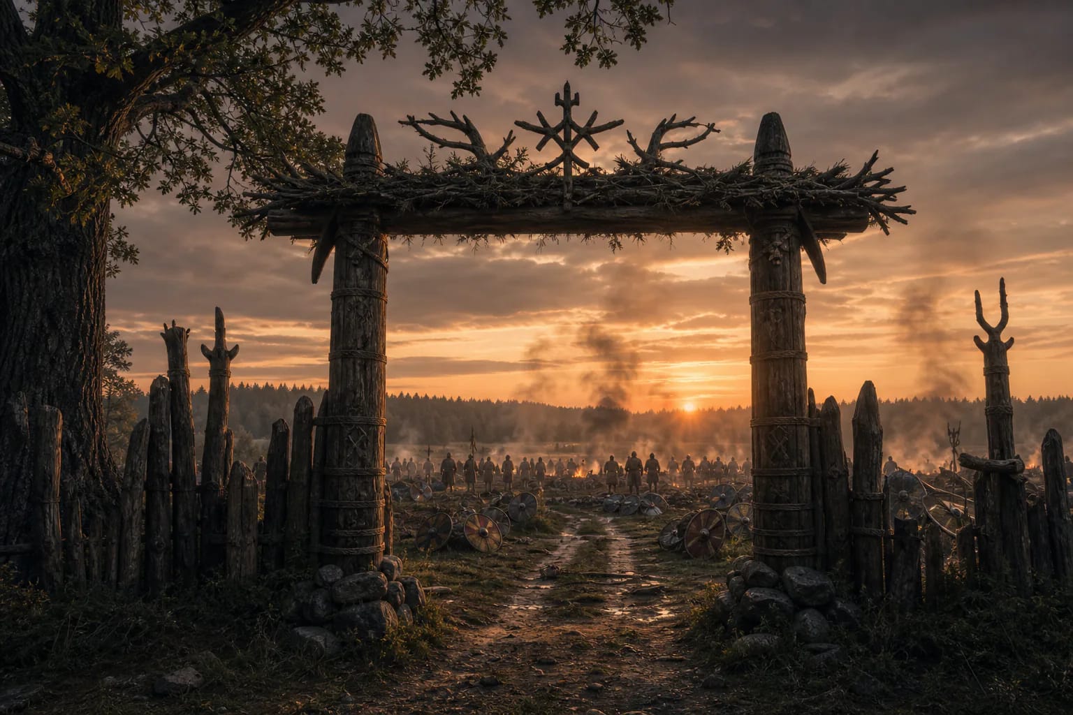 Šventavartė as wooden sacred gates beside a medieval battlefield
