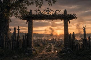 Šventavartė as wooden sacred gates beside a medieval battlefield