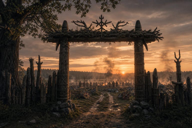 Šventavartė as wooden sacred gates beside a medieval battlefield