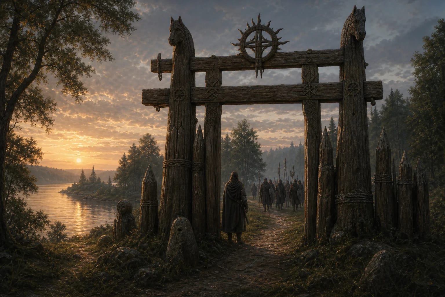 Šventavartė visual interpretation with sacred gates, temple of Milda, Voruta motifs