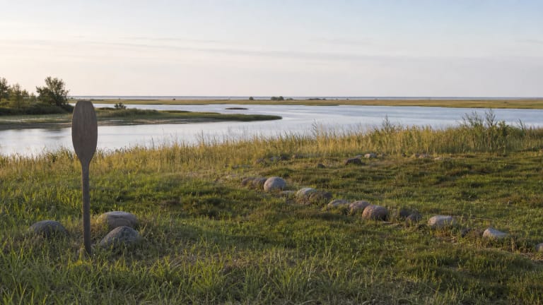 Šventosios senovės gyvenvietės žema pajūrio upės ir lagūnos aplinka su archeologijos užuomina