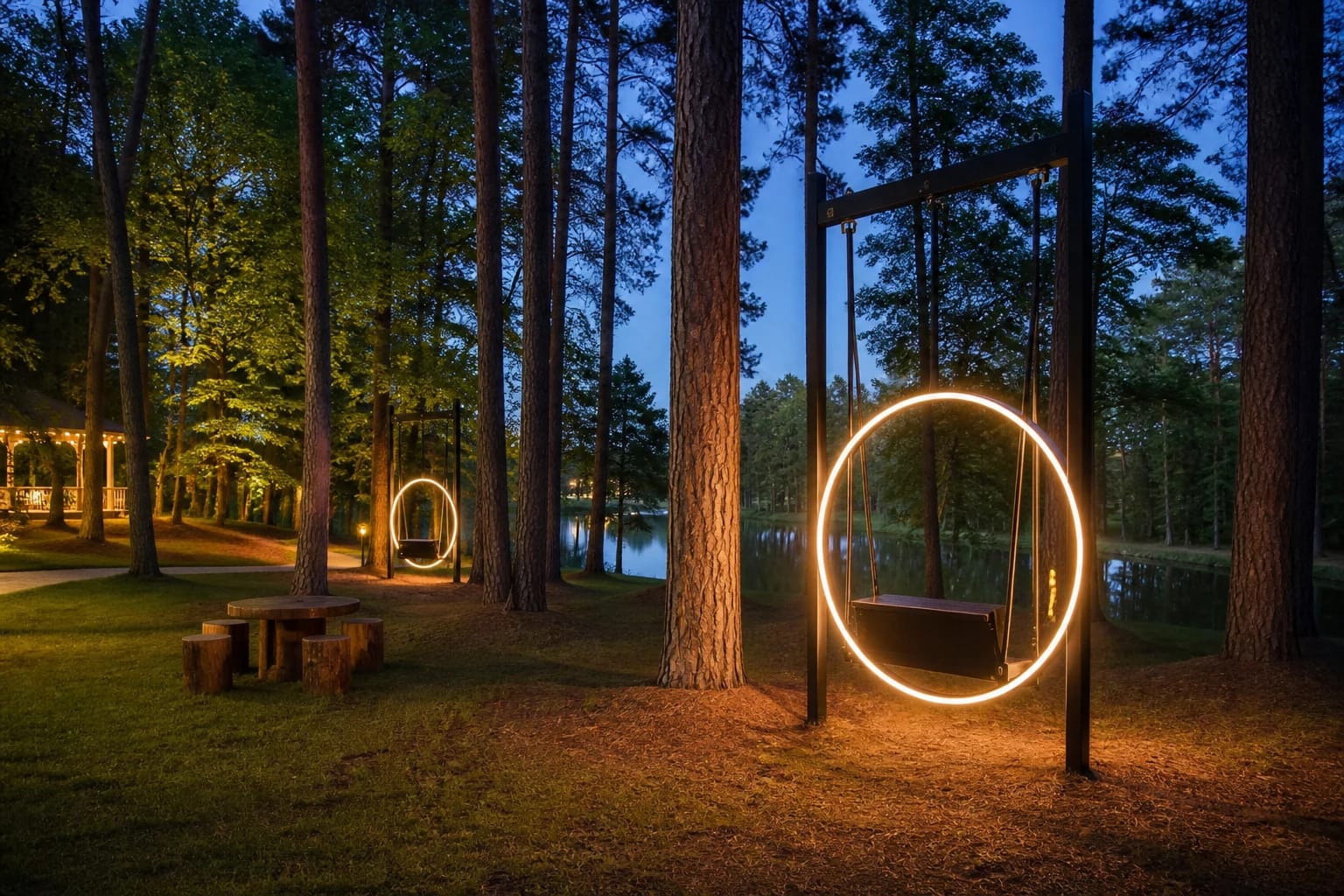 Warmly glowing swings among pines beside Melnyčia pond in Darbėnai