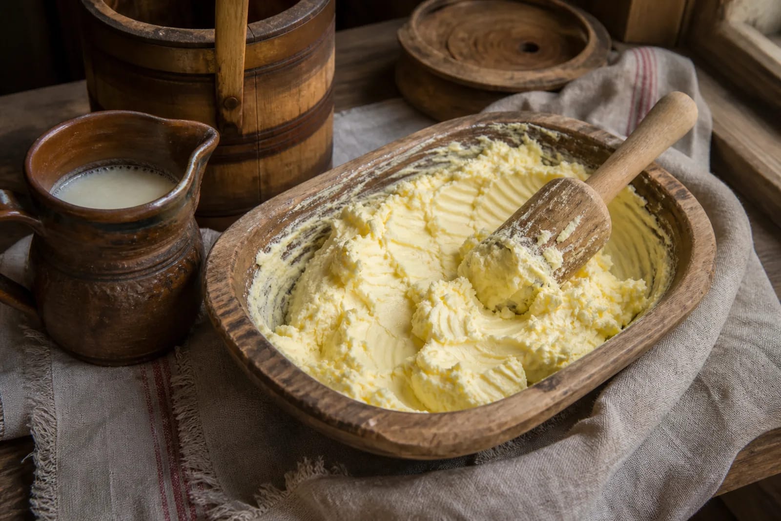 Сливочное масло: молочный жирный продукт, сбитый из сливок или сметаны, в традиционном литовском контексте