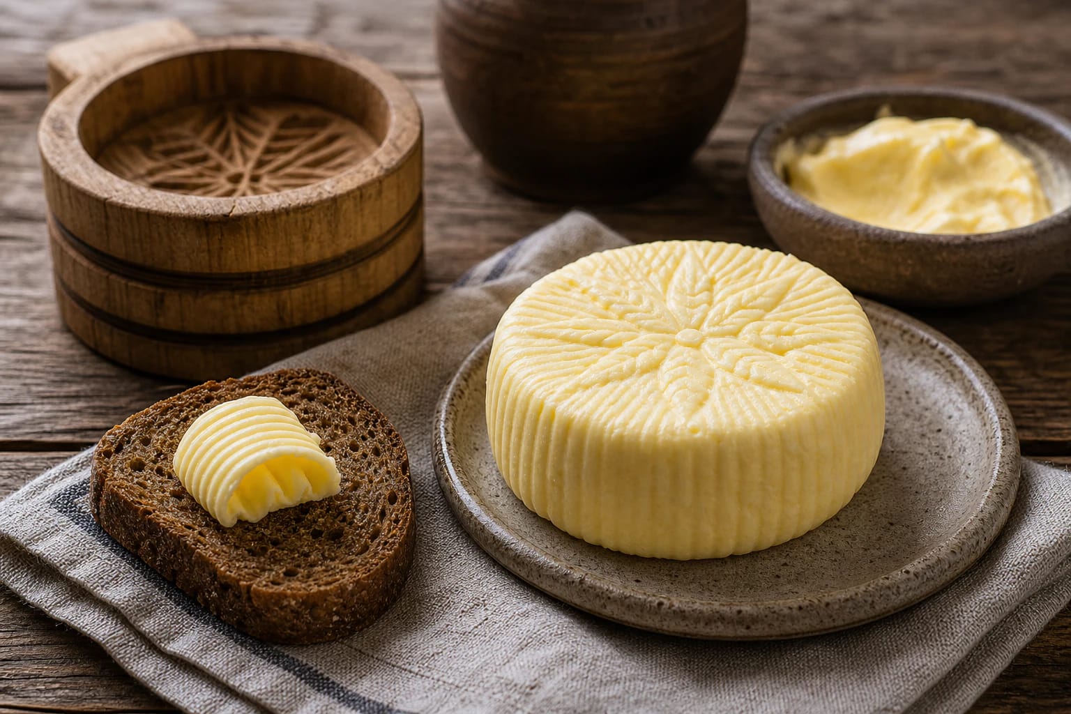 A piece of fresh butter on a wooden board with a butter churn, a cup of buttermilk, and rye bread