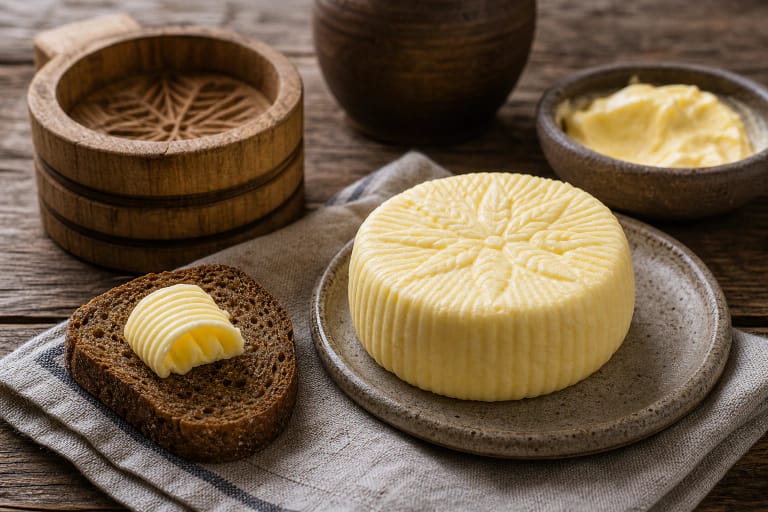 A piece of fresh butter on a wooden board with a butter churn, a cup of buttermilk, and rye bread