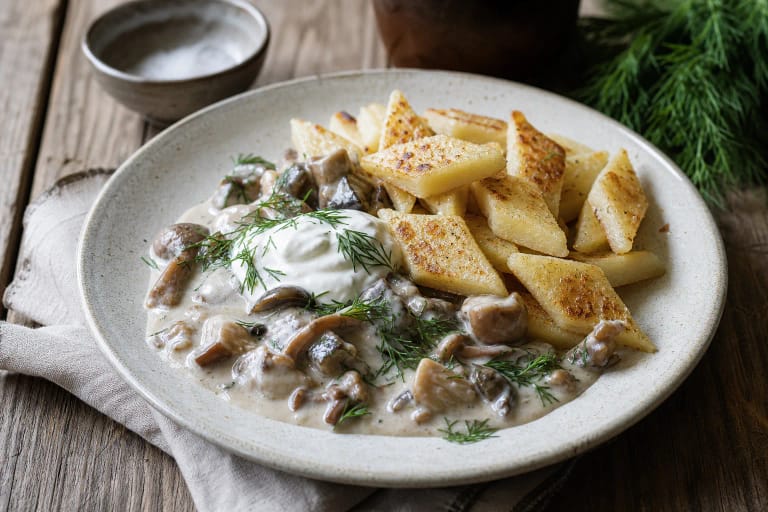 Dzūkija švilpikai with mushroom sauce, sour cream, dill, and browned potato pieces