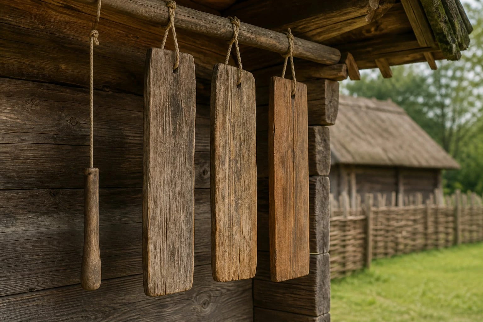 Hanging wooden tabalai by a village homestead as a Lithuanian signal instrument