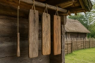 Hanging wooden tabalai by a village homestead as a Lithuanian signal instrument