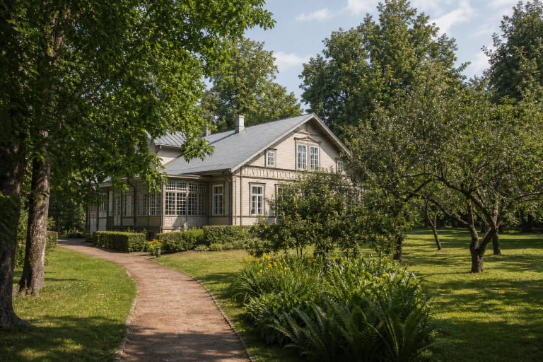 Tadas Ivanauskas' Obelynė Homestead house and dendrological park in summer