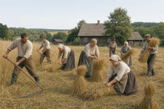 A harvest talka in Lithuania, with some workers cutting rye by scythe and others binding and carrying sheaves