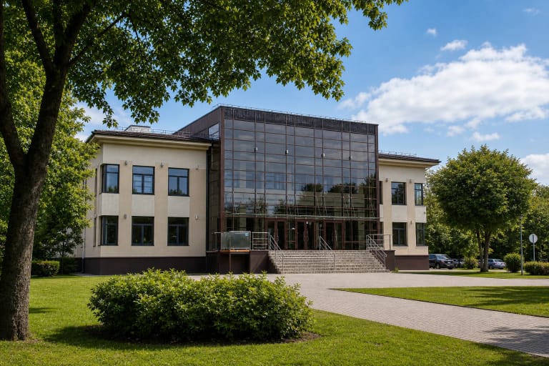 Tauragės kultūros centro modernus šviesus fasadas su aukštu stiklo įėjimu ir želdiniais